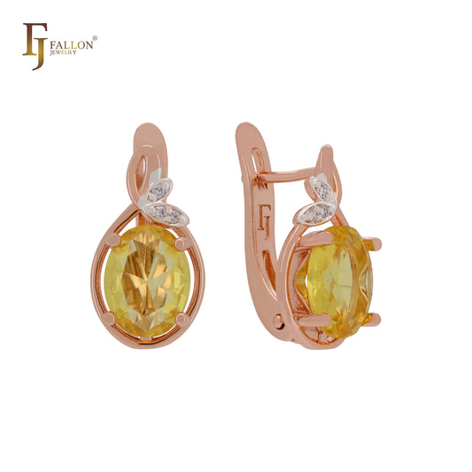 Solitaire Orange CZs with leaves of white CZ Rose Gold two tone Russian Lock Earrings