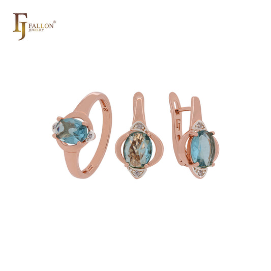 Conjunto de joias em dois tons de ouro rosa com zircônia cúbica azul lago e solitário oval com garras e anéis