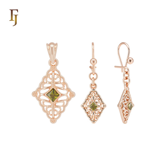 Olive Green Asscher Cut Solitaire CZ Rose Gold Jewelry Set with Pendant