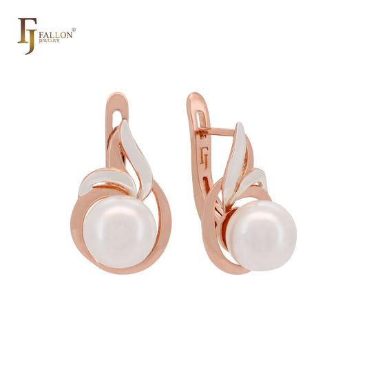 Elegant round pearl Rose Gold two tone Russian Lock Earrings