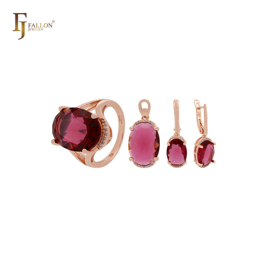 Riesiges großes ovales Solitär-Schmuckset aus Roségold mit roten Zirkoniasteinen und Ringen und Anhänger