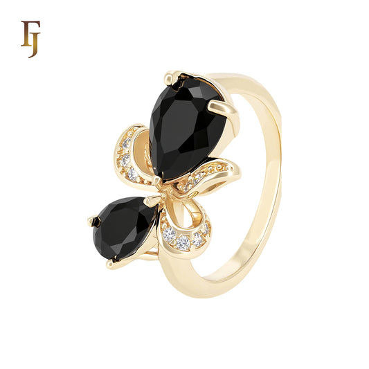 Double Black Czs butterfly ribbon 14K Gold Fashion Rings
