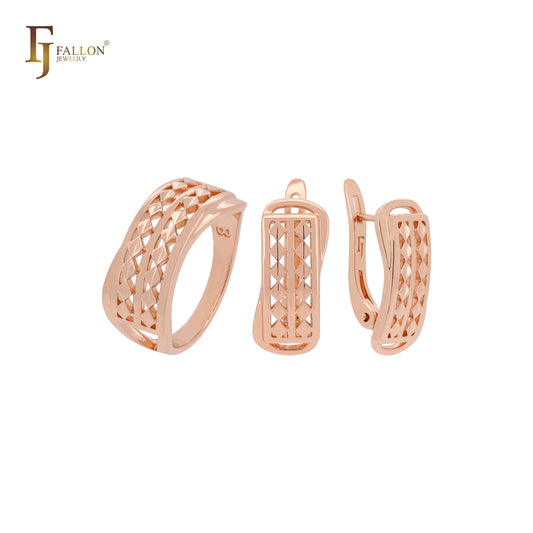 Conjunto de joyas de oro rosa con malla de rombos múltiples y anillos