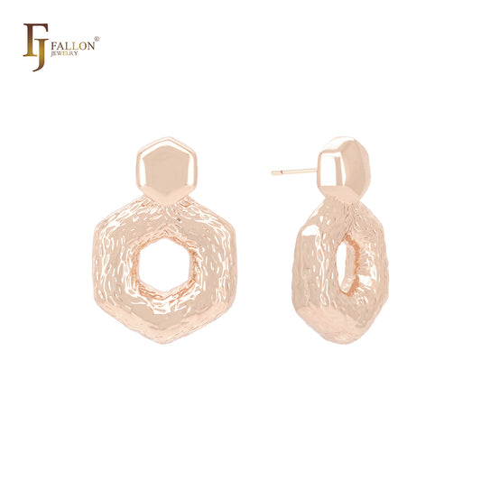 Aretes de oro de 14 quilates, oro rosa y oro blanco con textura ondulada hexagonal