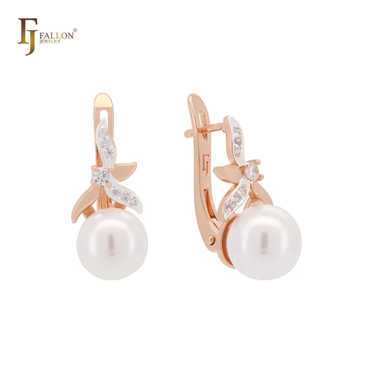 Flower pearl Rose Gold two tone Russian Lock Earrings