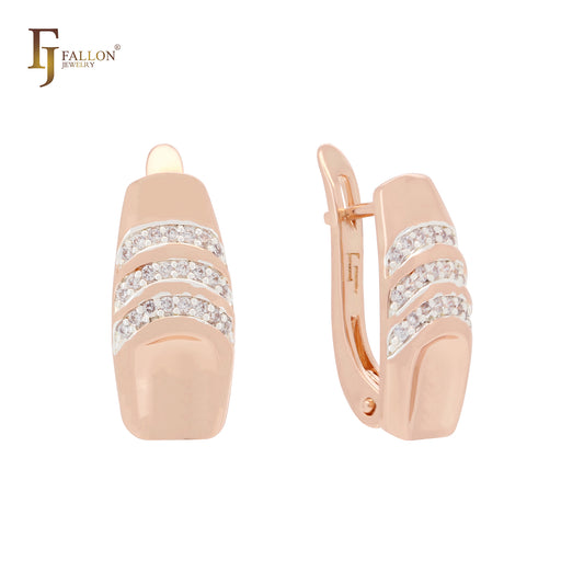 Triple rows of white CZs Rose Gold two tone Russian Lock Earrings
