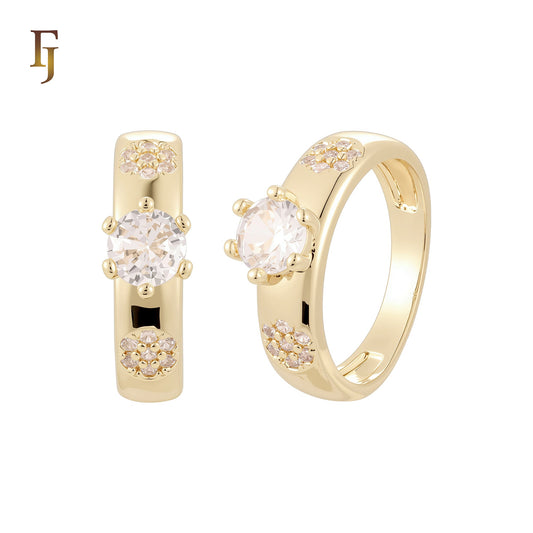 Triple Flowers white CZs 14K Gold, Rose Gold Wedding Set Rings