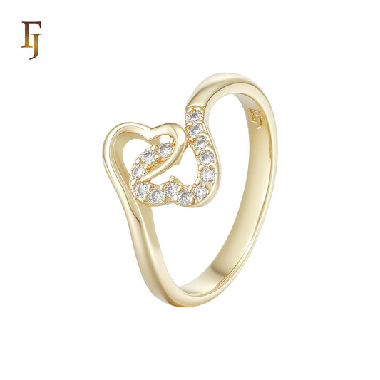 Double Heart crossing paved white CZs 14K Gold Fashion Rings
