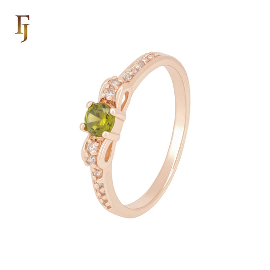 Solitaire Ribbon Round Olive Green CZ Rose Gold Engagement Rings