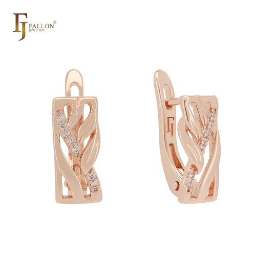 Window of leaves and branches white CZs 14K Gold, Rose Gold Russian Lock Earrings