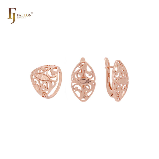 Conjunto de joias de ouro rosa com filigrana texturizada e raios de sol oval com anéis