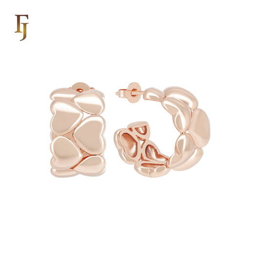 Double Rows of hearts 14K Gold, Rose Gold Stud Earrings