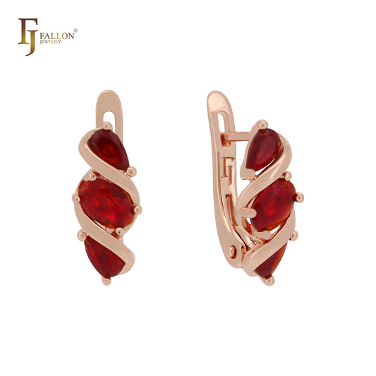 Embraced cluster triple red CZs 14K Gold Russian Lock Earrings
