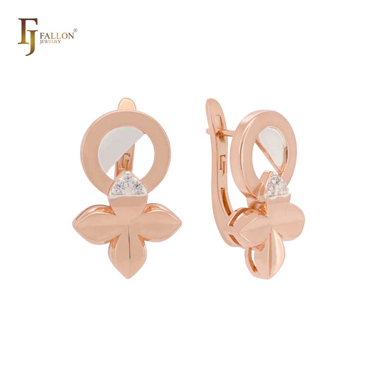 Circle mixed clover leaves of white CZs Rose Gold two tone Russian Lock Earrings