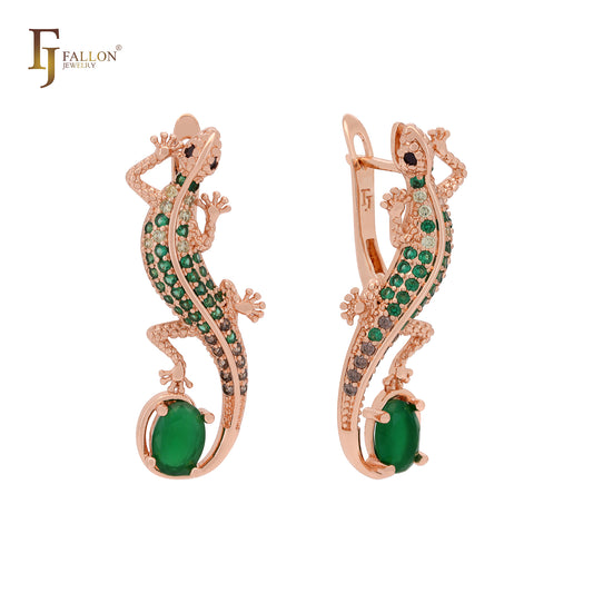 Chameleon cluster emerald green CZs luxurious Rose Gold Russian Lock Earrings
