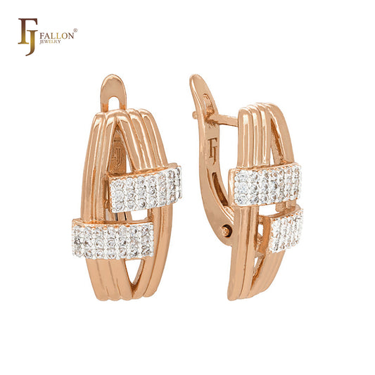 Geometric white CZs Rose Gold two tone Russian Lock Earrings