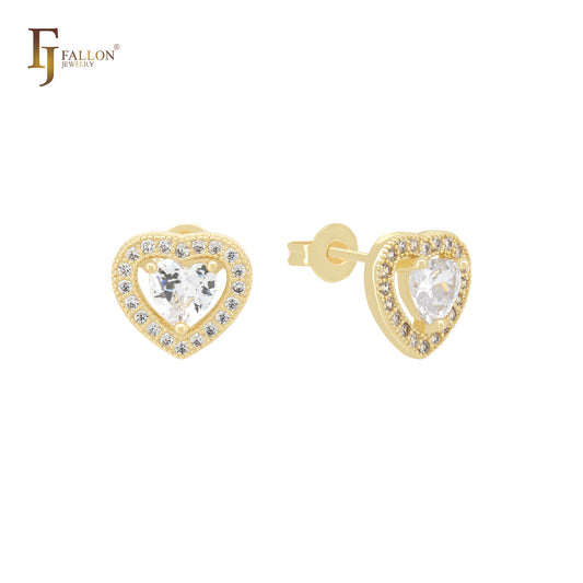 Pendientes de oro de 14 quilates con halo solitario y corazón de circonitas blancas