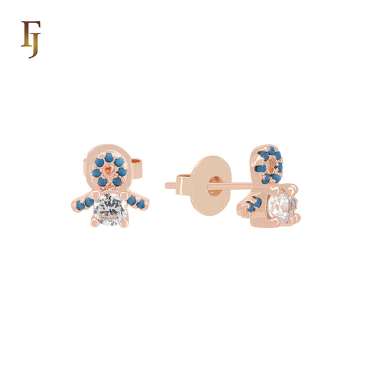 Adorable Teddy Bear Stud Earrings for Kids | Rose Gold Tiny Earrings with Blue & CZ Stones | Baby Girl Jewelry by FJ Jewelry