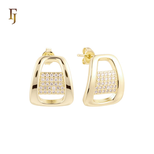 Curved Basket of white CZs 14K Gold, Rose Gold Stud Earrings
