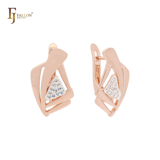 Geometric design with triangular white CZs Rose Gold two tone Russian Lock Earrings