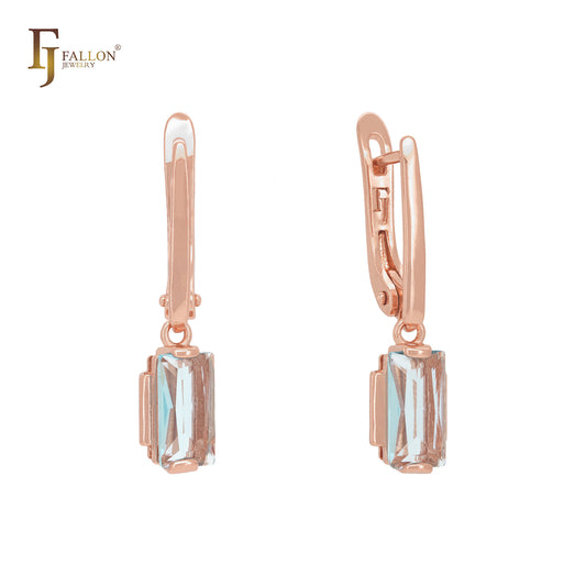 Triangular cushion cut lake blue CZ drop Rose Gold Russian Lock Earrings