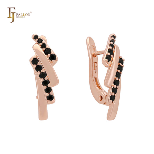 Four rows with white Czs Rose Gold two tone Russian Lock Earrings