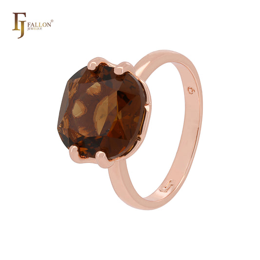 Anillo de compromiso de oro rosa con circonitas cúbicas redondeadas de 12 mm y solitario color café