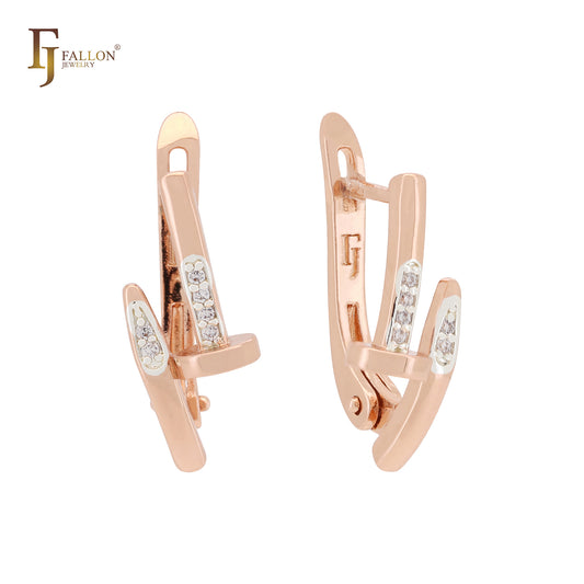 Eternity nail of white CZs Rose Gold two tone Russian Lock Earrings