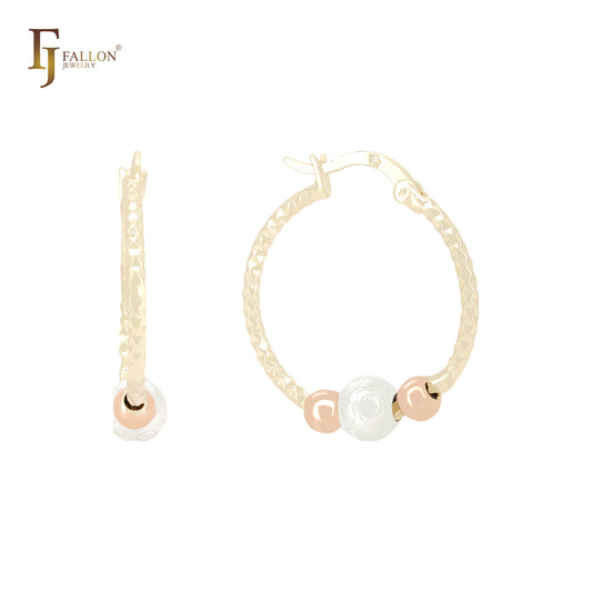 Three tone plated Beads textured 14K Gold Rose Gold Hoop Earrings