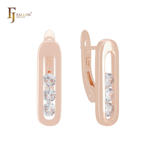 PaperClip of Triple white CZs Rose Gold Russian Lock Earrings