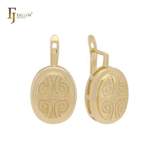 Four six sign designed filigree 14K Gold, Rose Gold Russian Lock Earrings