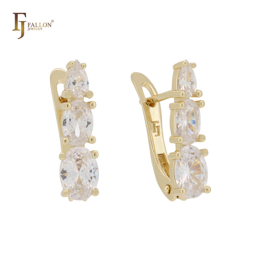 Parallel triple ocean blue CZs 14K Gold Russian Lock Earrings