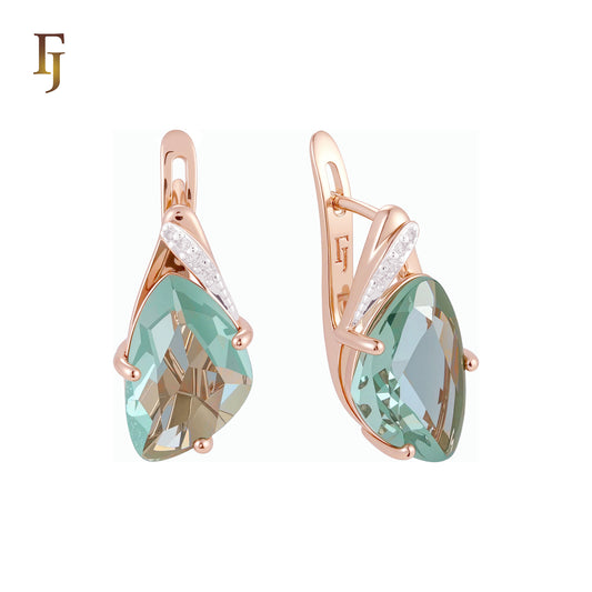 Solitaire triangular rounded Colorful CZ Rose Gold two tone Russian Lock Earrings