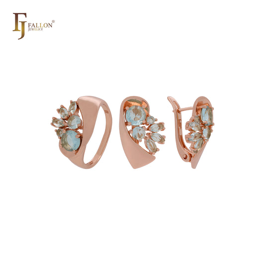 Conjunto de joyas de oro rosa con anillos y un lujoso conjunto de circonitas cúbicas de colores