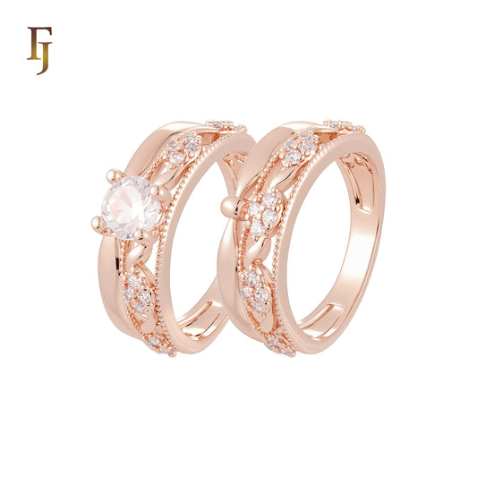 Leaves of white Czs cluster 14K Gold, Rose Gold Wedding Set Rings Engagement and Band