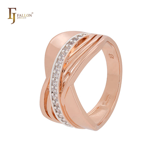 Geometric overlapped slash of white CZs Rose Gold two tone Fashion Rings