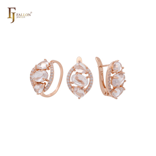 Conjunto de joyas de oro rosa con circonitas redondeadas opacas triples y anillos