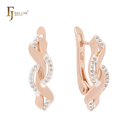 Embraced twisted ribbons of white CZs Rose Gold two tone Russian Lock Earrings