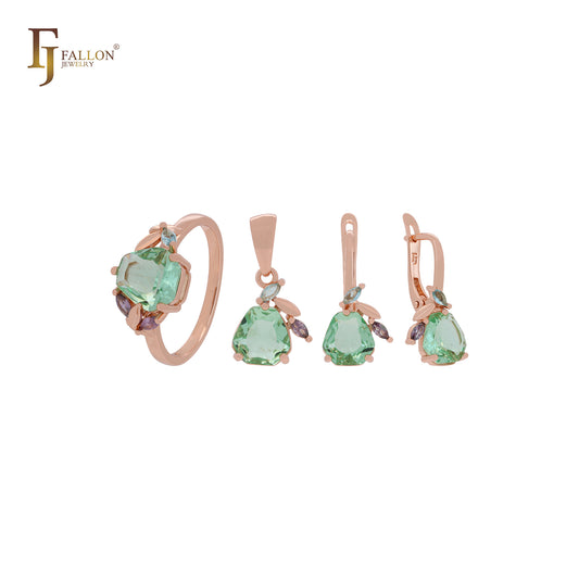 Conjunto de joyas de oro rosa con anillos y colgante, hojas fructíferas de colores y circonitas cúbicas, color verde manzana