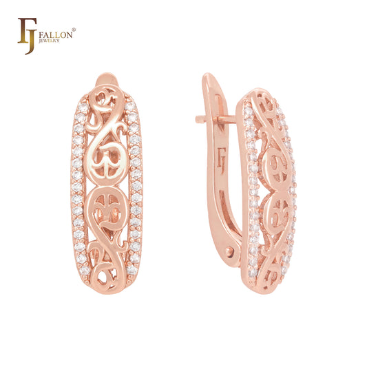 Braches of filigree white CZs band Rose Gold Russian Lock Earrings