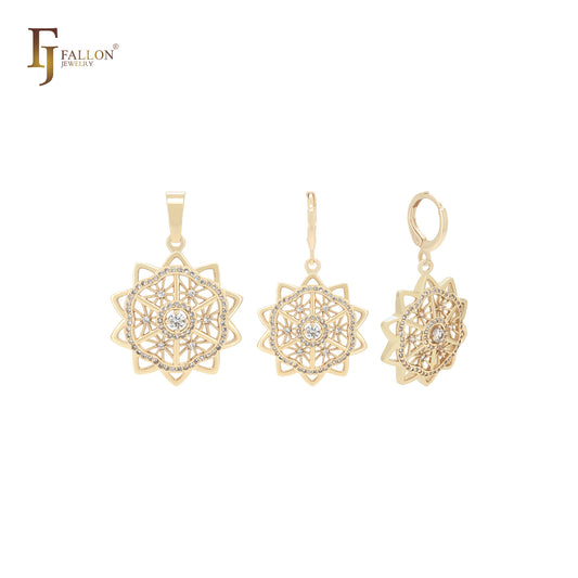 Conjunto de joias de ouro 14K com pingente em formato de floco de neve branco CZs