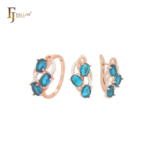Conjunto de joyas de oro rosa en dos tonos con triple circonita azul océano y anillos