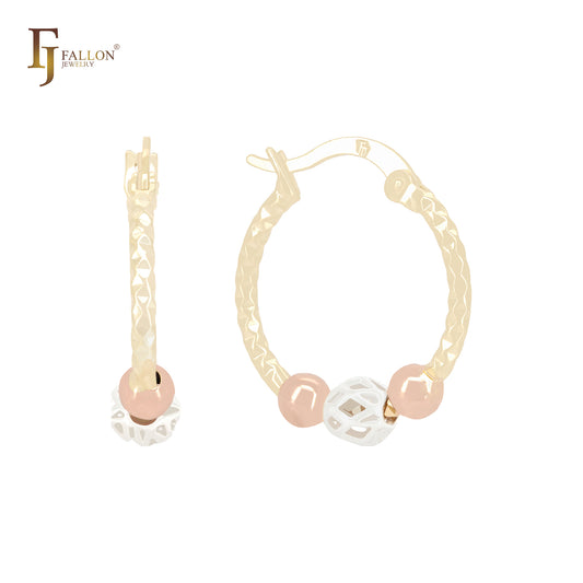Three tone plated Hollow Beads textured 14K Gold Rose Gold Hoop Earrings