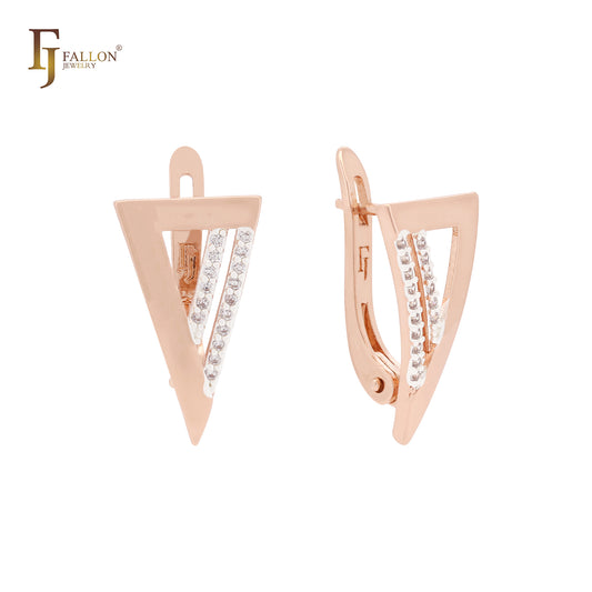 Geometric triangular white CZs Rose Gold two tone Russian Lock Earrings