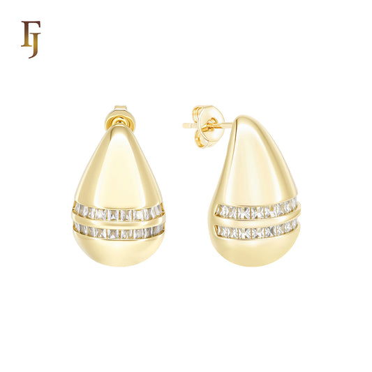 Drop Double paved white CZs 14K Gold, Rose Gold Stud Earrings