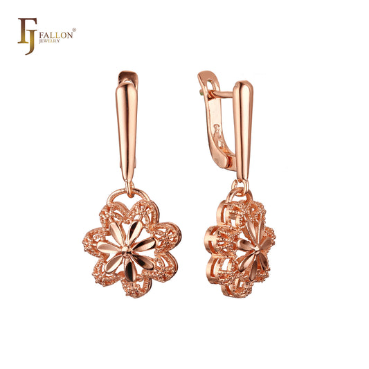 Drop Snowflake flower Hollow filigree cage Rose Gold Russian Lock Earrings