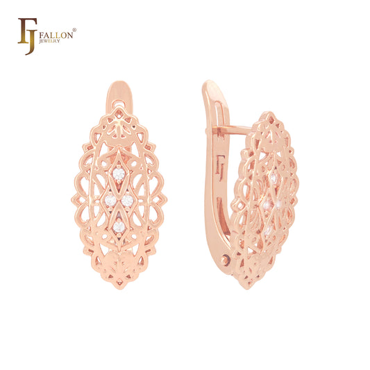 Oval flower luxurious filigree 14K Gold, Rose Gold Russian Lock Earrings