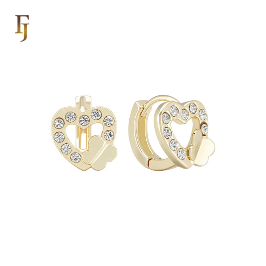 White CZs paved heart 14K Gold Huggie Earrings