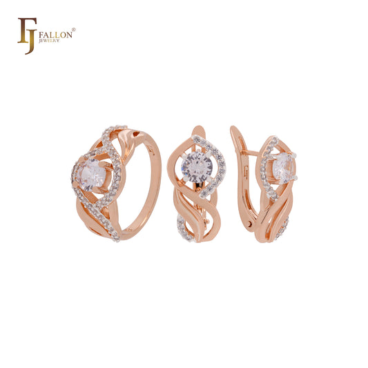 Conjunto de joyas de dos tonos con pluma de fénix y circonitas blancas en oro rosa y anillos.