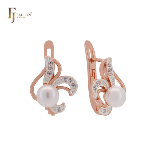 Pearl of flying flower of white CZs Rose Gold two tone Russian Lock Earrings